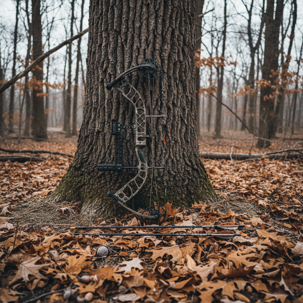 A late-season Eastern hardwood forest scene with a compound bow leaning carefully against a broad, deeply textured oak trunk. The ground is covered in dry, curled brown and orange leaves, with a few fallen acorns scattered around carbon arrow shafts resting parallel to the bow. The bow wears a muted camo pattern and a compact limb-driven rest, with frost crystals clinging lightly to its limbs. Cool, overcast morning light filters through bare branches, creating soft, shadowless illumination and a subdued color palette. Shot from a slightly elevated angle, the focus is on the bow and the intricate bark pattern, while the distant forest floor blurs gently. The mood is patient, stealthy, and late-season serious, with realistic, documentary-style photography.