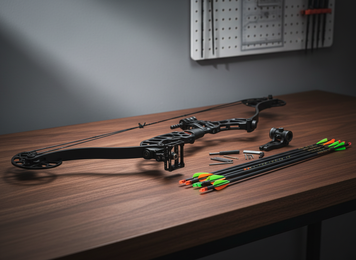 A meticulously tuned matte black compound bow with satin-finish limbs and a micro-adjustable drop-away rest, resting horizontally on a clean, dark walnut workbench. A neatly arranged array of carbon arrows with brightly fletched vanes lies beside it, along with a precision bow sight and small hex tools. Soft, directional studio lighting from the upper left creates controlled highlights on the riser’s machined cutouts and subtle reflections on the arrow shafts, casting crisp but not harsh shadows. Shot at eye level with a shallow depth of field, the bow’s cam system is in sharp focus while the background fades into a gentle blur. The atmosphere is professional, technical, and educational, with photographic realism and a clean, modern aesthetic.