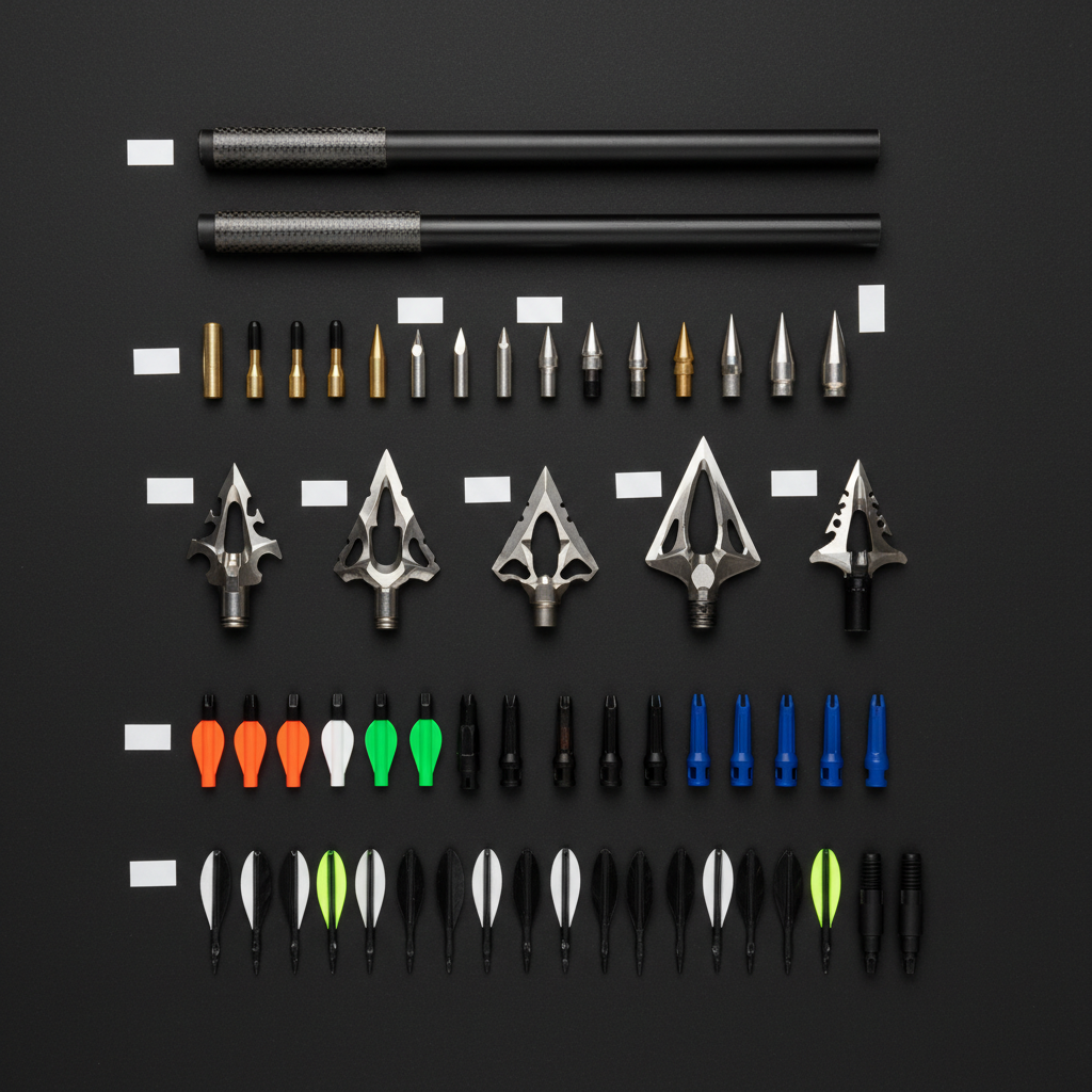 An educational cutaway-style layout of compound bow arrow components arranged on a matte black background: carbon shaft sections, various insert types, field points and fixed-blade broadheads, nocks, and fletching options lined in precise rows. Tiny white labeling cards sit neatly near each type of component, though no actual text is legible. Soft, diffused studio light from above creates minimal glare and crisp, easily readable shapes, emphasizing contrast between the dark background and metallic or colored elements. Shot from a directly overhead perspective, everything is perfectly aligned and evenly spaced, giving a technical, infographic-like feel. The mood is analytical and professional, ideal for gear education, presented with clean photographic realism and a modern, almost laboratory-style aesthetic.