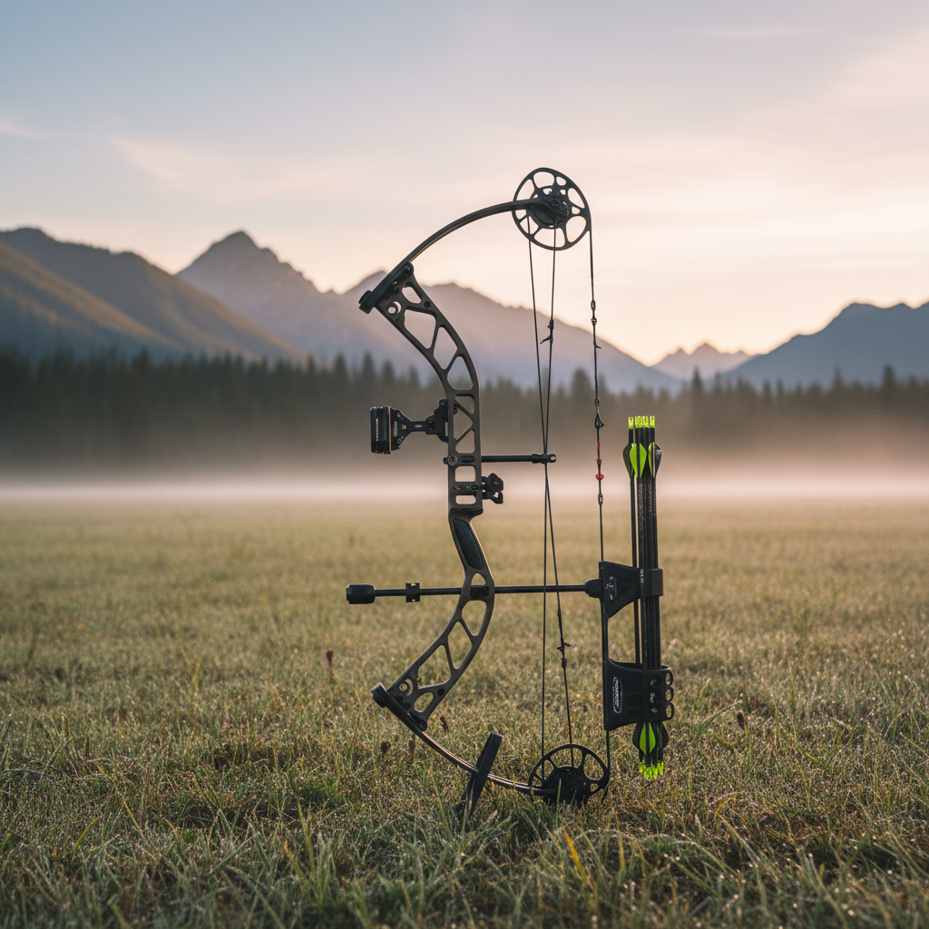A dawn scene of a compound bow resting upright on its kickstand at the edge of an open meadow, facing a distant ridgeline of dark timbered mountains. The bow has a dark earth-tone finish with a mounted slider sight, stabilizer, and quiver full of broadhead-tipped arrows, all rendered in sharp detail. Golden hour light filters through a faint mist, illuminating dew-covered grass and casting a soft rim light around the bow’s silhouette. The sky carries subtle pink and orange gradients. Shot from a low angle, slightly behind the bow, the composition leads the eye toward the far ridges, with a medium depth of field keeping the bow crisp and the background gently softened. The atmosphere is contemplative, focused, and quietly epic, with realistic, cinematic photographic styling.
