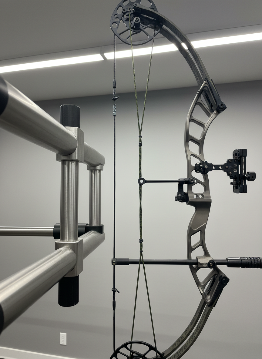 A close-up, side profile of a high-end compound bow at full draw, mounted securely in a mechanical bow press, without any human presence. The focus is on the binary cam system, serving cable, and peep sight alignment against a neutral gray workshop wall. Overhead LED strip lights provide even, cool illumination, revealing every texture in the string fibers and anodized aluminum cams, while faint reflections glimmer on the press arms. The composition uses rule of thirds, with the cams dominating the right side of the frame and the blurred press body to the left, creating depth. The mood is precise and instructional, emphasizing mechanical sophistication and setup accuracy in a photographic, ultra-detailed style.