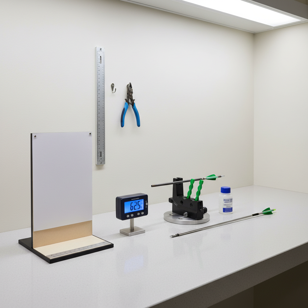 An ultra-clean tuning bench setup focused on a digital bow scale, paper tuning rack, and arrow spinner laid out on a light gray epoxy work surface. Beside them sits a partially assembled arrow with a bare shaft, fletching jig, and a small bottle of adhesive. The wall behind is a smooth, off-white with a neatly mounted bow square and nocking pliers hanging in order. Bright, neutral studio lighting from above and slightly to the right eliminates harsh shadows and makes every measuring mark legible. Captured at a slightly elevated three-quarter angle, the image keeps all tools in focus for clarity. The mood is highly professional, methodical, and instructional, emphasizing precision gear knowledge through crisp, realistic photography with a minimalist, organized aesthetic.