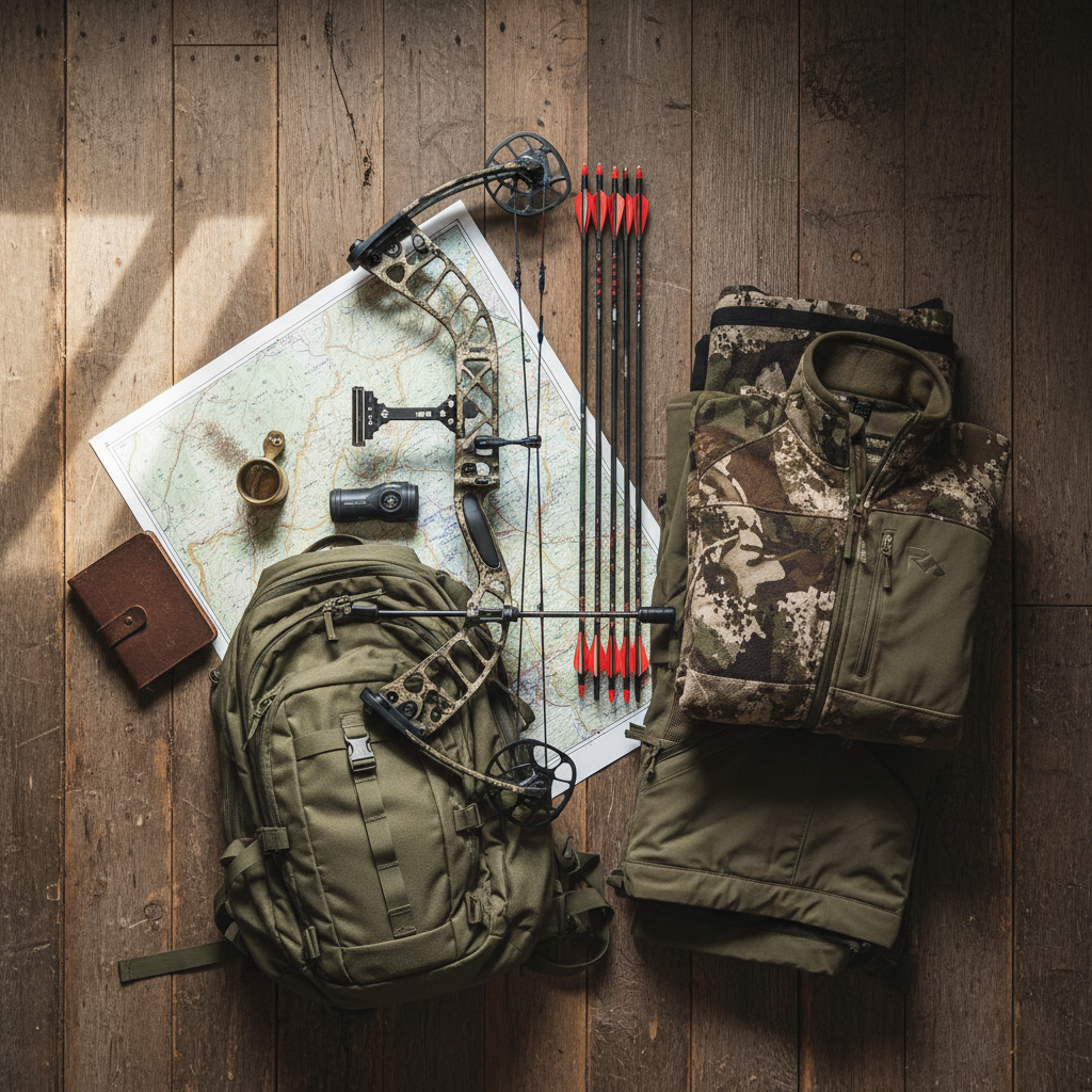 A rugged, well-organized bowhunting gear layout arranged on a weathered wooden cabin floor, featuring a camo-finished compound bow, broadhead-tipped arrows, a compact rangefinder, hunting backpack, and layered technical clothing folded neatly. A topographic map of a Western mountain range is partially visible beneath the gear, alongside a small, worn field notebook and a brass wind checker bottle. Natural, diffused afternoon light streams in from an unseen window, creating soft highlights on the bow limbs and subtle shadows between objects. Captured from a straight-down, bird’s-eye view, the composition is carefully balanced yet organic, with shallow depth of field keeping the central bow and arrows crisp. The mood is serious, adventurous, and preparation-focused, rendered with photographic realism and a slightly rustic, outdoorsman aesthetic.